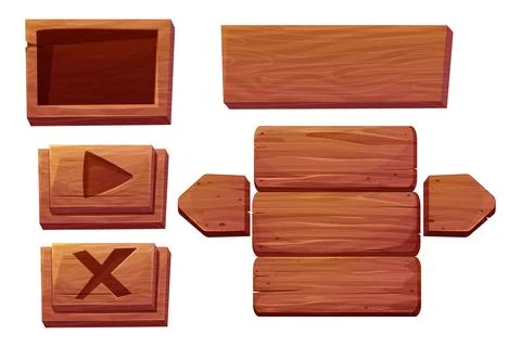 Set of wooden game menu elements tablets, hanging textured panels rope 库存插图