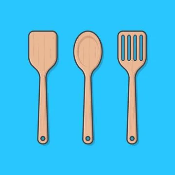 Set Of Wooden Kitchen Spatula Vector Icon Illustration. Kitchen Utensil For.. Stock Illustration