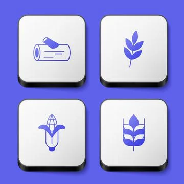 Set Wooden log, Leaf, Corn and Wheat icon. White square button. Vector Stock Illustration
