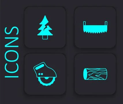 Set Wooden log, Tree, Two-handed saw and Electric circular icon. Black square 스톡 일러스트