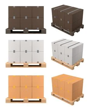 Set of wooden pallet for warehouse cargo storage with cardboard boxes on whit 스톡 일러스트