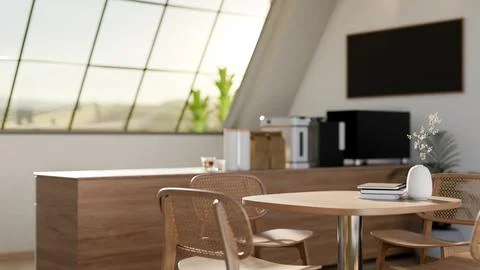 A set of wooden stool table and chairs inside cafe with coffee making count.. Illustrazione stock