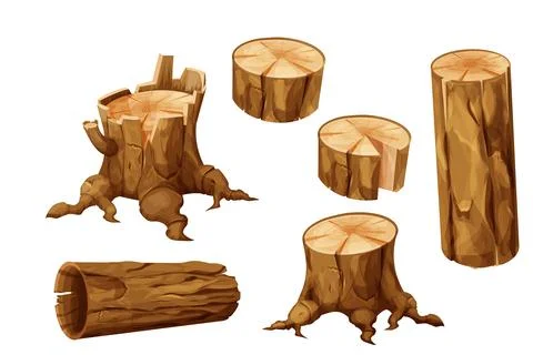 Set Wooden stump forest tree trunk with roots, log, cut section in cartoon style Stock Illustration