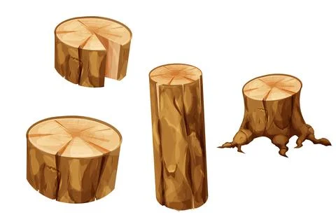 Set Wooden stump forest tree trunk with roots, log, cut section in cartoon style Stock Illustration