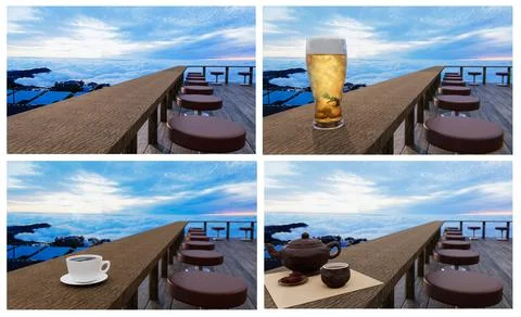 Set of Wooden table and chair set with Drink, Beer, tea and black coffee on t Stock Illustration