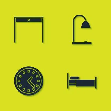 Set Wooden table, Bed, Clock and Table lamp icon. Vector Ilustración de archivo