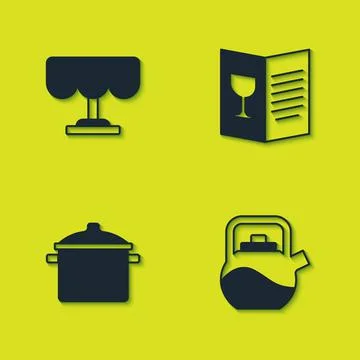 Set Wooden table, Kettle with handle, Cooking pot and Restaurant cafe menu icon Illustration