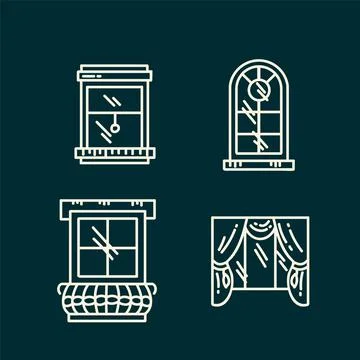 A set of wooden window frames icons. Windows of various shapes, round, arched Stock Illustration