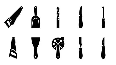 Set of woodworking hand tools vector icons. saw, scoop, drill, knife, chise.. Stock Illustration