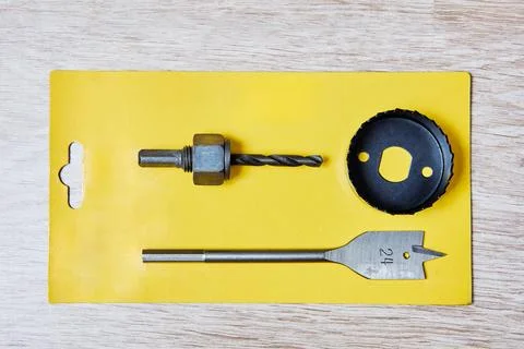 Set of woodworking tools including spade bit hole saw arbor and saw blade a.. Stock-Fotos
