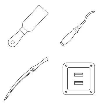 Set of work icons. Putty knife, chisel, handsaw, socket usb plug Stock Illustration