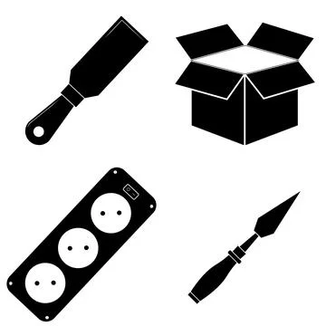 Set of work icons. Putty knife, open box, socket plug, chisel Illustrazione stock