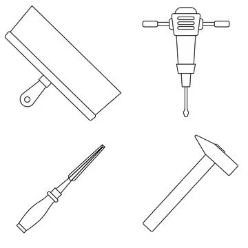 Set of work icons. Putty knife, mining hammer drill, chisel, hammer Stock Illustration