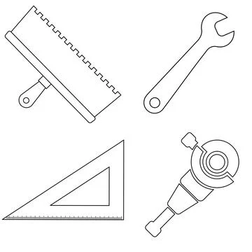 Set of work icons. Putty knife, spanner, ruler tool, electric angle grinder Stock Illustration