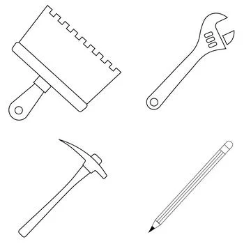 Set of work icons. Putty knife, wrench, mining pickaxe, pencil Stock Illustration