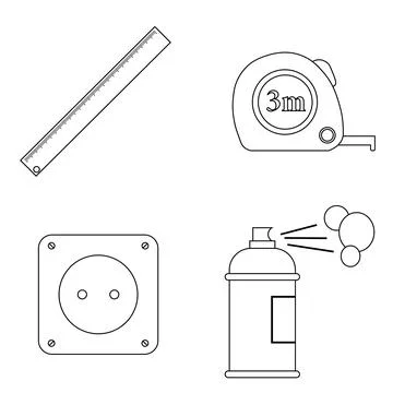 Set of work icons. Ruler tool, roulette, socket plug, spray paint Stock Illustration