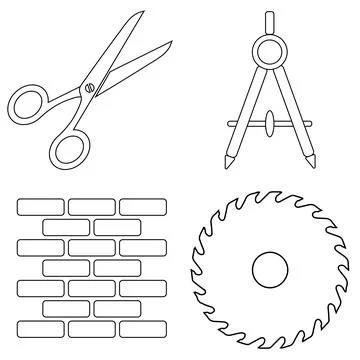 Set of work icons. Scissors, compass, brick wall, circular saw Stock Illustration