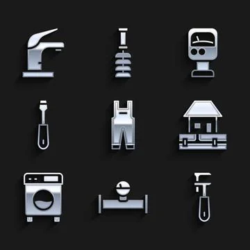 Set Work overalls, Industry pipe and manometer, Pipe adjustable wrench, Water Stock Illustration