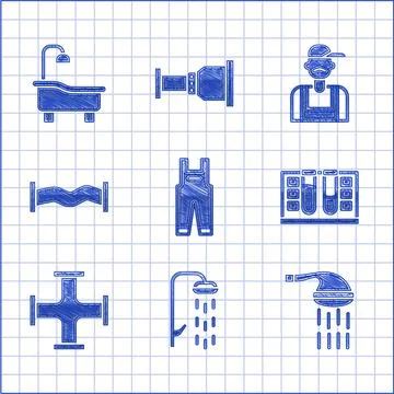 Set Work overalls, Shower, Test tube with water drop, Industry metallic pipe Illustrazione stock