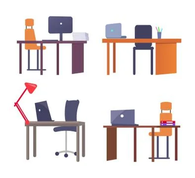 Set of Work Places with Tables, Computer Devices Stock Illustration