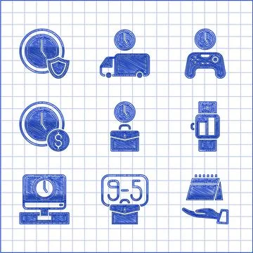 Set Work time, From 9, Calendar, Smartwatch, Monitor, Time is money, Gamepad of 스톡 일러스트