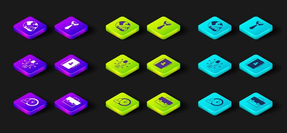 Set Work time, Briefcase, Multitasking manager working, Resume, Tie and Globe Stock Illustration