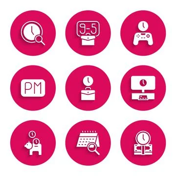 Set Work time, Calendar search, Time is money, Smart Tv, Piggy bank with coin 스톡 일러스트
