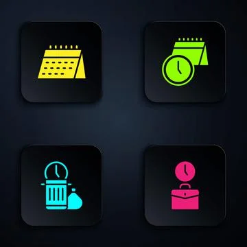 Set Work time, Calendar, Waste of and and clock. Black square button. Vector Stock Illustration
