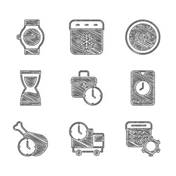 Set Work time, Delivery truck and, Calendar settings, Alarm clock app mobil.. Illustrazione stock