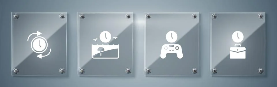 Set Work time, Gamepad of, Vacation and Clock with arrow. Square glass panels Stock Illustration