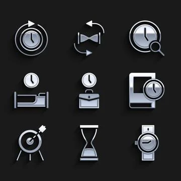Set Work time, Old hourglass with sand, Wrist watch, Time for book, Target .. Stock Illustration