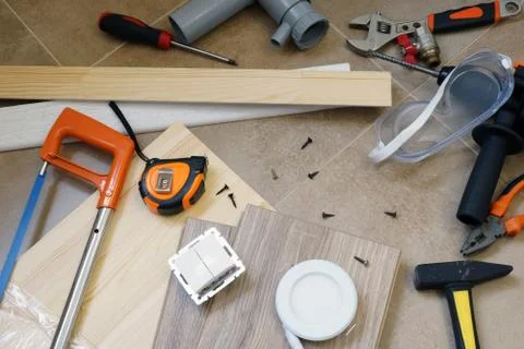 Set of work tools and accessories for home renovation. Stock Photos