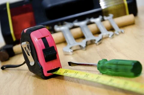 Set of work tools on the wood table Stock Photos