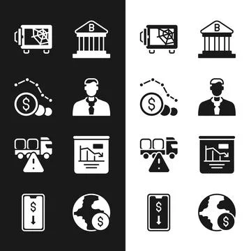 Set Worker, Dollar rate decrease, Safe, Bank building, Stop delivery cargo .. Stock Illustration