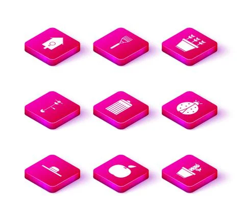 Set Worker hat, Apple, Grass and weed electric string trimmer, Trash can, Cactus Stock Illustration