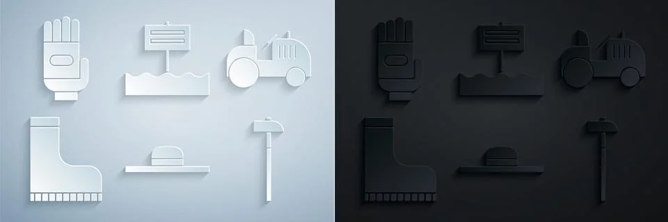 Set Worker hat, Tractor, Waterproof rubber boot, Hammer, Blank wooden sign board Stock Illustration