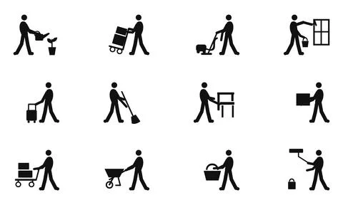 Set of worker icons demonstrating various jobs and tasks like gardening car.. 스톡 일러스트