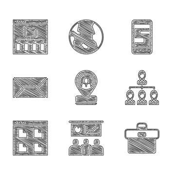 Set Worker location, Training, presentation, Briefcase, Hierarchy organogram Stockillustratie