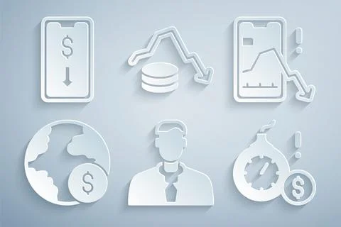 Set Worker, Mobile stock trading, Global economic crisis, Money bomb dollar Stock Illustration