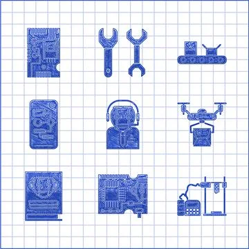 Set Worker robot, 3D printer, Drone delivery concept, User manual, Algorithm Stock Illustration