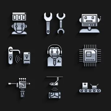 Set Worker robot, Conveyor belt with cardboard box, Processor microcircuits CPU Illustrazione stock