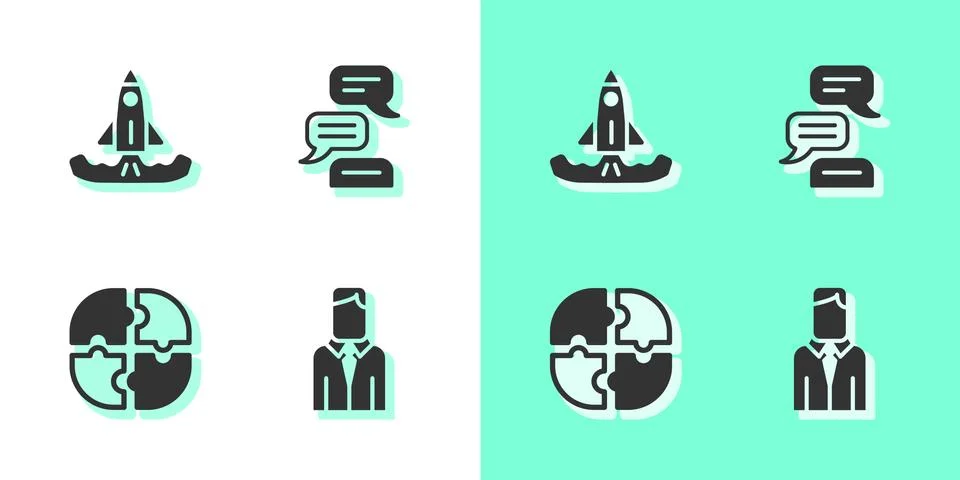 Set Worker, Rocket, Piece of puzzle and Speech bubble chat icon. Vector Stockillustratie
