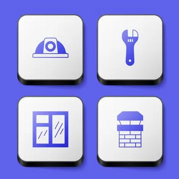 Set Worker safety helmet, Adjustable wrench, Window in room and Chimney icon Stock Illustration