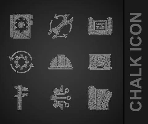 Set Worker safety helmet, Algorithm, Graphing paper and pencil, Laptop gear Stock Illustration