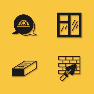 Set Worker safety helmet, Brick wall with trowel, and Window in room icon with Illustrazione stock