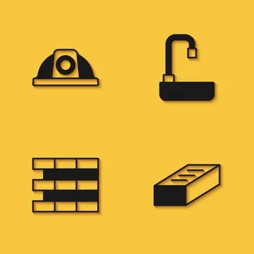 Set Worker safety helmet, Brick, Bricks and Washbasin icon with long shadow Stock Illustration