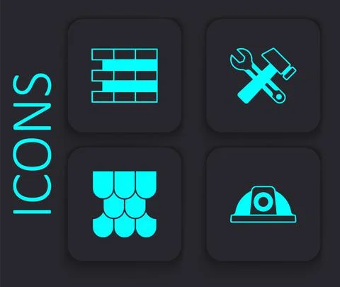Set Worker safety helmet, Bricks, Hammer and wrench spanner and Roof tile icon Stock Illustration