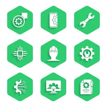 Set Worker safety helmet, Computer monitor and gear, Document settings pen Illustrazione stock