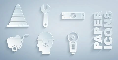 Set Worker safety helmet, Construction bubble level, Shovel, Angle grinder Stock Illustration