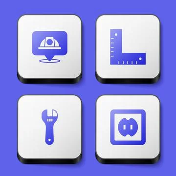 Set Worker safety helmet, Corner ruler, Adjustable wrench and Electrical outl Stock Illustration